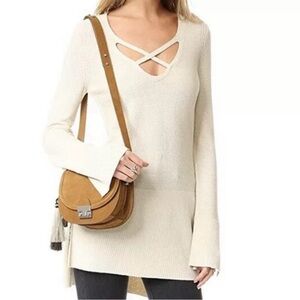 FREE PEOPLE Crisscross V-Neck Long Sleeve Tunic Pullover Sweater Ivory Cream L